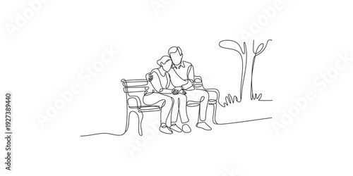 A simple line art illustration depicting a romantic couple sitting closely on a park bench.