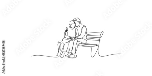 A simple continuous line art drawing of a romantic couple sitting closely together on a park bench