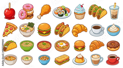 Cute Cartoon Food and Drink Icons Set: Delicious Fast Food, Desserts, Asian Cuisine, Breakfast & Beverages. Vector Illustration for Menus, Apps, and More.