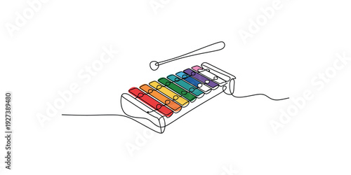 A simple line art illustration of a colorful toy xylophone with a mallet