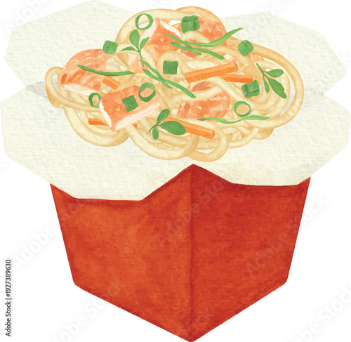 Chicken Chow Mein Noodles in Takeaway Box with Chopsticks Vector Illustration