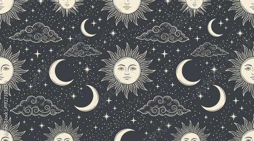 Celestial Seamless Pattern with Mystical Sun, Moon, Stars, and Clouds - Vintage Astrological Background