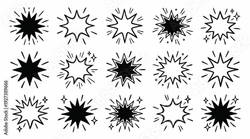 Hand-Drawn Doodle Burst Shapes Set. Comic Style Starbursts and Explosion Elements for Attention-Grabbing Designs, Promotions, and Notifications.