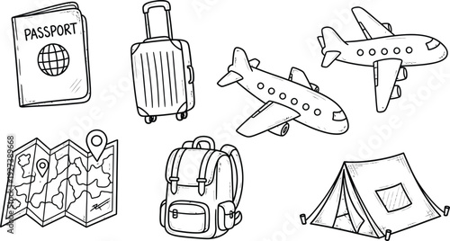 Aviation icon set for air travel design. Vector cartoon illustration of airplane, pilot hat, airport control tower, navigation pin, flight route, headset