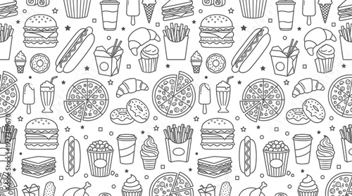 Seamless Outline Fast Food Pattern: Burgers, Pizza, Snacks & Desserts. Vector Background for Menus, Packaging, and Web Design.