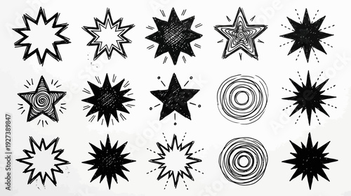 Hand-Drawn Doodle Stars, Bursts, and Graphic Elements Set. Black and White Sketchy Design Elements for Accents, Speech Bubbles, and UI