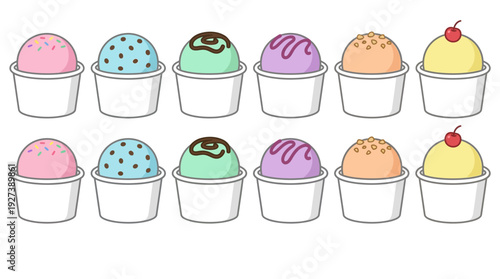 Colorful Ice Cream Scoops in Cups Seamless Pattern Vector Illustration - Assorted Flavors with Toppings on White Background