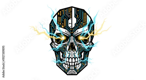 Futuristic Cyborg Skull with Circuitry Details.