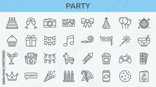 Party and Celebration Line Icons Set. Vector Illustrations for Festive Events, Birthdays, Holidays, and Special Occasions.