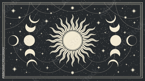 Mystical Celestial Sun and Moon Phases Vector Illustration with Stars and Cosmic Sky Background