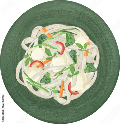 Rice Noodles with Vegetables and Tofu on Plate with Chopsticks Vector Illustration