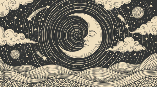 Mystical Celestial Night Dreamscape: Vintage Engraved Sleeping Moon, Stars, Clouds, and Planets