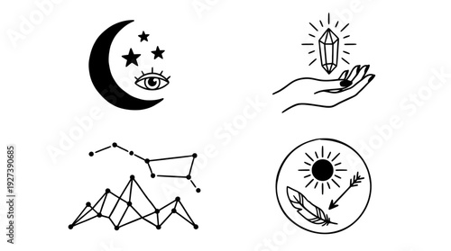 Mystical & Celestial Line Art Icons. Spiritual Bohemian Symbols: Moon, Stars, Eye, Crystal, Constellation, Mountains, Sun, Feather, Arrow.