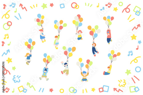 風船につかまって飛ぶこども達と簡単なアイコンのフラットなイラスト（セット）