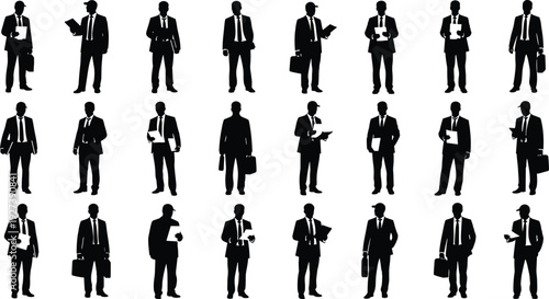 Black Silhouette Set of Businessmen in Suits Holding Folders and Briefcases, Representing Corporate Leadership, Professionalism, and Management for Office Career Designs