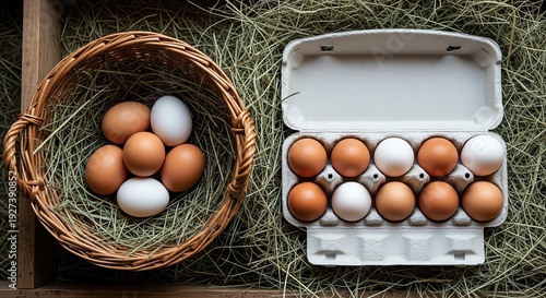 Eggs in basket and carton on straw