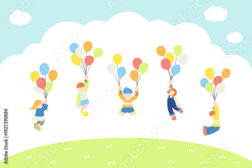 外で楽しそうに風船につかまって飛ぶこども達のフラットなイラスト（セット）