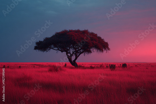 A lone acacia tree standing in a vast African savanna under a dramatic gradient sky of deep magenta and teal.