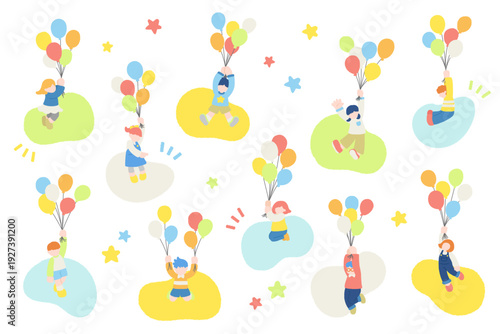風船につかまって飛ぶこども達と簡単な背景のフラットなイラスト（セット）