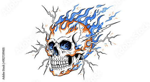 Colorful Skull with Flames and Lightning.