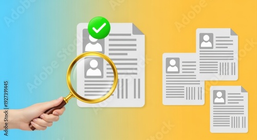 Hand Holding Magnifying Glass Over Documents with a Green Checkmark, Representing Candidate Selection