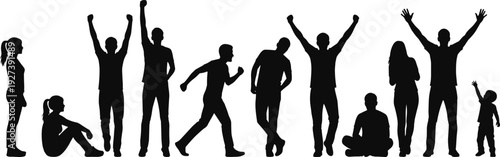 Black Silhouette Set of People in Various Poses, Celebrating, Standing, Sitting, and Walking, Representing Diverse Community, Success, and Human Interaction