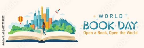 World Book Day banner. Flat vector design of World Book Day with open book transforming into modern city and nature landscape. Vector Illustration.