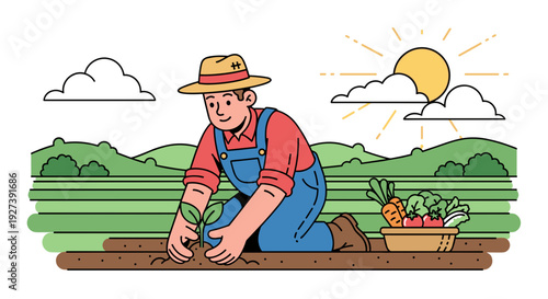 Farmer Planting Vegetable in Garden Soil.