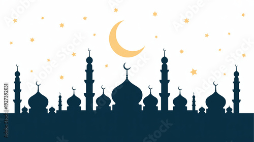 Vector mosque silhouette with crescent moon and stars