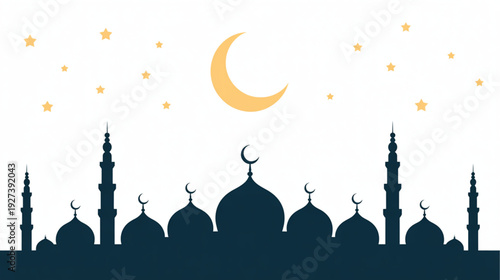 Vector silhouette of mosque with crescent moon and stars