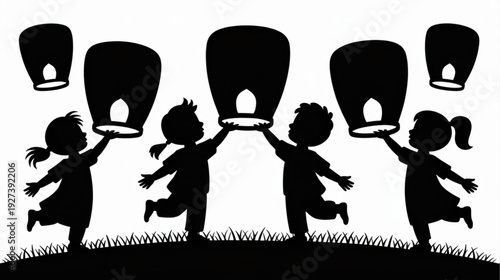 Set of 6 kids playing with lanterns vector