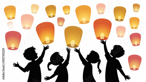 Set of 4 children releasing colorful lanterns vector
