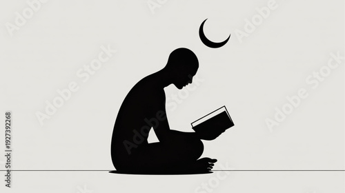 Vector silhouette of man reading book under crescent moon