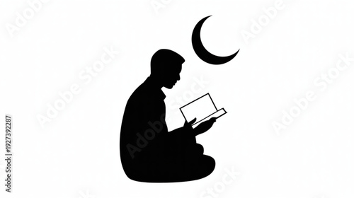 Vector silhouette of man reading book under crescent moon