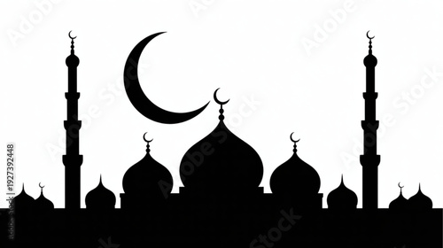 Vector silhouette of mosque with crescent moon