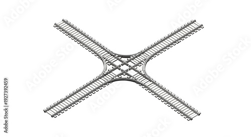 Railway tracks crossing each other in an overhead view on a white background