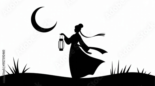 Silhouette of woman with lantern under crescent moon