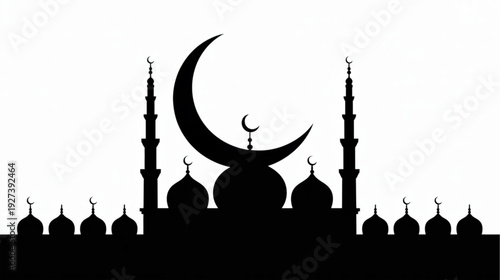 Vector silhouette of mosque with crescent moon