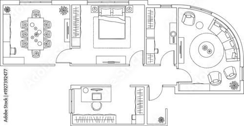 Detailed residential architectural floor plan with dining room, bedroom, living area, study, and furniture layout, showcasing interior design, space planning, and home organization