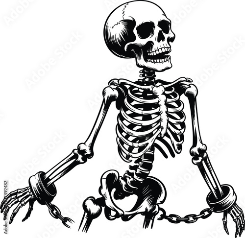 Detailed skeleton silhouette in shackles and chains, eerie black and white illustration symbolizing imprisonment, mortality, horror, Halloween, gothic, and dark fantasy themed artwork design