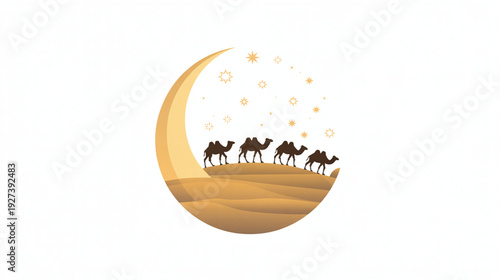 Vector illustration of camels on crescent moon