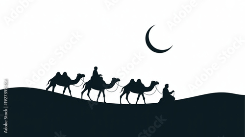 Silhouette of camel caravan with crescent moon vector