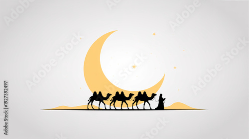 Vector illustration of 4 camels and crescent moon