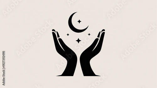 Vector illustration of hands holding crescent moon and stars