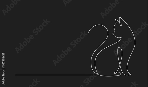 Minimalist continuous line art drawing of a sitting cat. Elegant one-line silhouette illustration on a dark background.