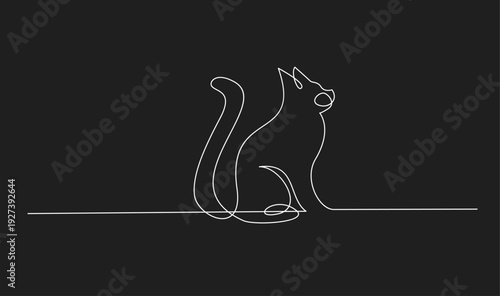 Continuous Line Art Cat Sitting Vector Graphic - Minimalist White Silhouette on Black Background for Pet Design