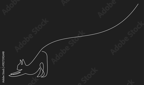 Minimalist Continuous Line Art of a Stretching Cat on Black Background