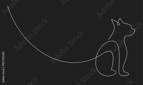 Continuous Line Drawing of a Graceful Sitting Cat with Tail Curve on Black Background