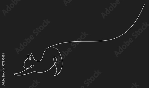 Minimalist One Line Art of a Stretching Cat on a Black Background