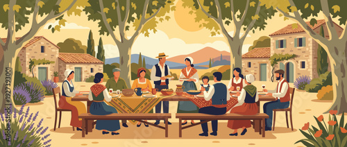 Flat Vector Illustration of a Traditional Provencal Outdoor Dining Scene with a Large Family Gathering at a Long Table Under Trees in a Rustic French Countryside Village with Lavender and Sun